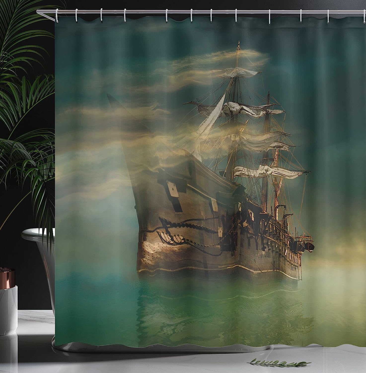 Phantasmagoric Old Ship Sailing Shower Curtain, Calm Sea And Misty Weather Cloth Fabric Bathroom Decors - Image 3