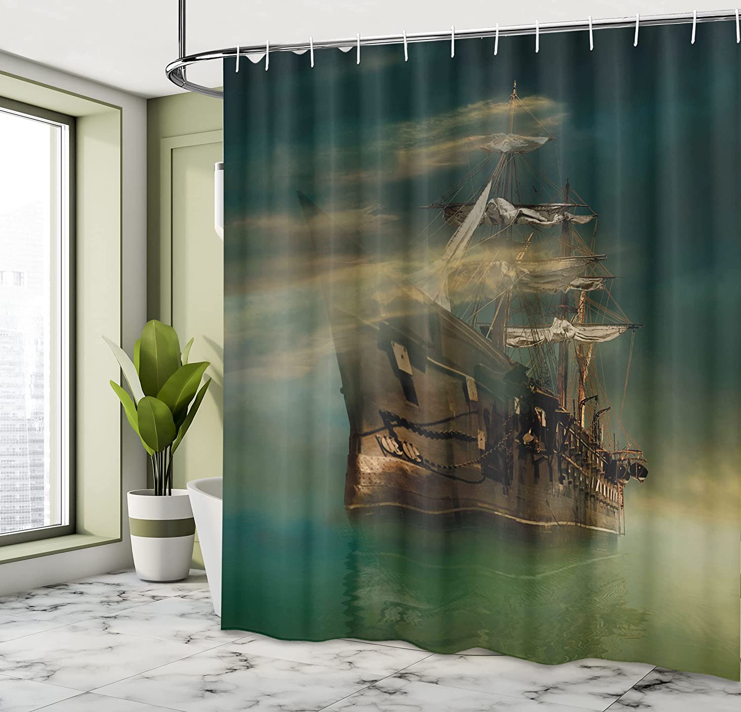 Phantasmagoric Old Ship Sailing Shower Curtain, Calm Sea And Misty Weather Cloth Fabric Bathroom Decors - Image 4