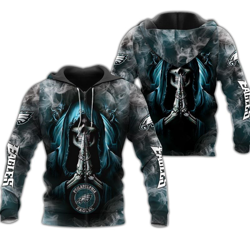 Philadelphia Eagles Skull Hoodie 3D Background Smoke - Official Nfl Merchandise