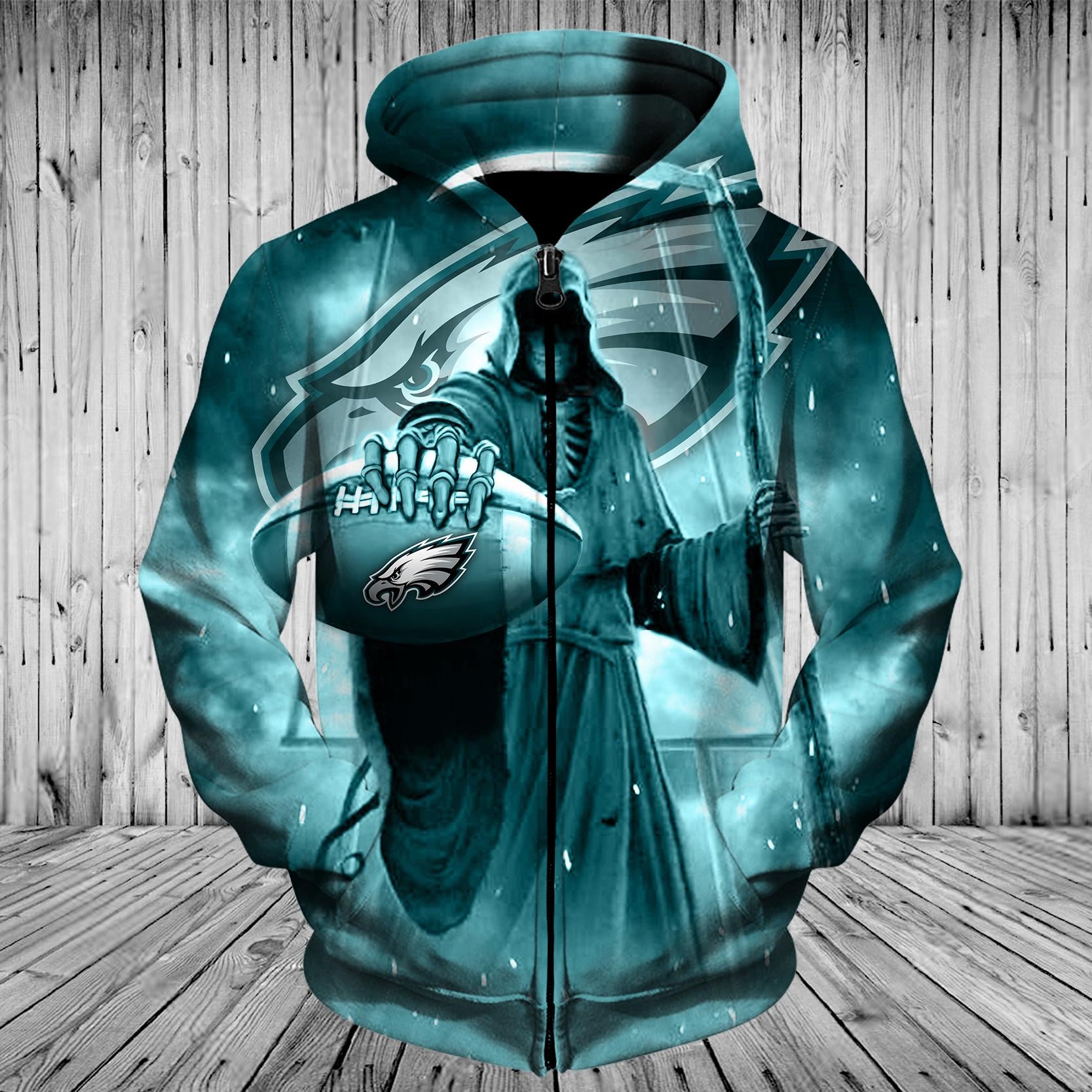 Philadelphia Eagles Zip Up Hoodie 3D Death Skull Hoodie - Gifts For Fans