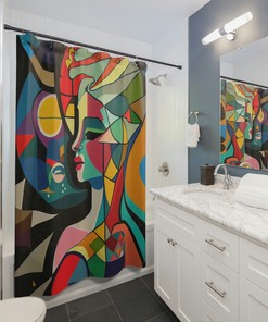 Picasso-Style Mermaid Shower Curtain, Geometric Abstract Art Print Bathroom Decor