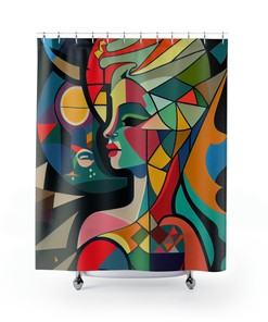 Picasso-Style Mermaid Shower Curtain, Geometric Abstract Art Print Bathroom Decor