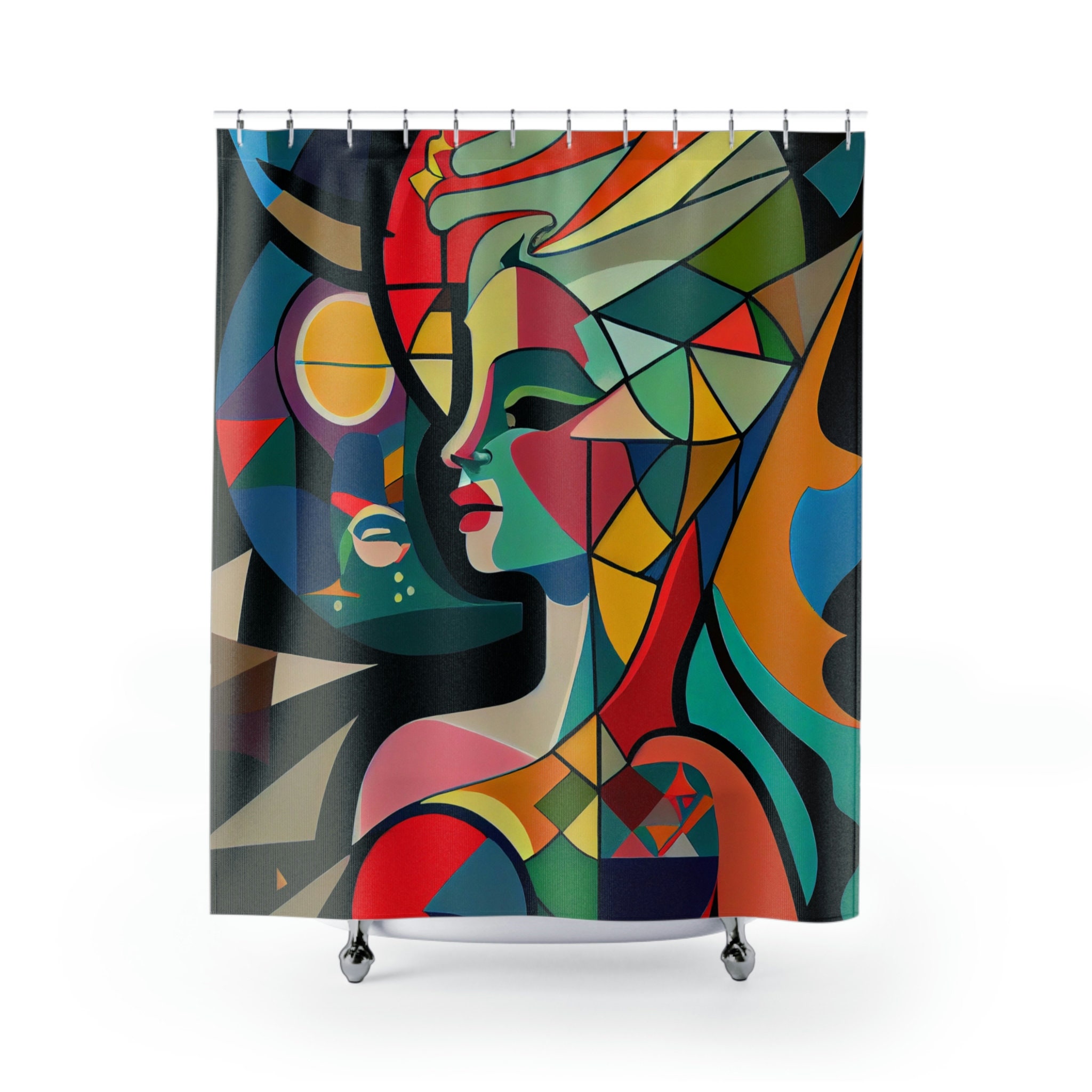 Picasso-Style Mermaid Shower Curtain, Geometric Abstract Art Print Bathroom Decor