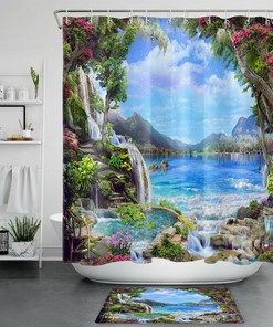Picturesque Landscape Vine Leaf Flowers Waterfall Shower Curtain for Bathroom Decor
