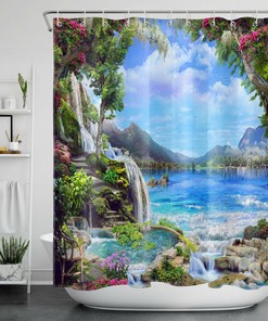 Picturesque Landscape Vine Leaf Flowers Waterfall Shower Curtain for Bathroom Decor