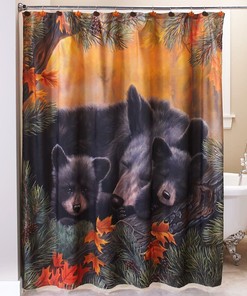 Pine Cone Woodland Northwoods Cabin Shower Curtain With Black Bears In Black And White