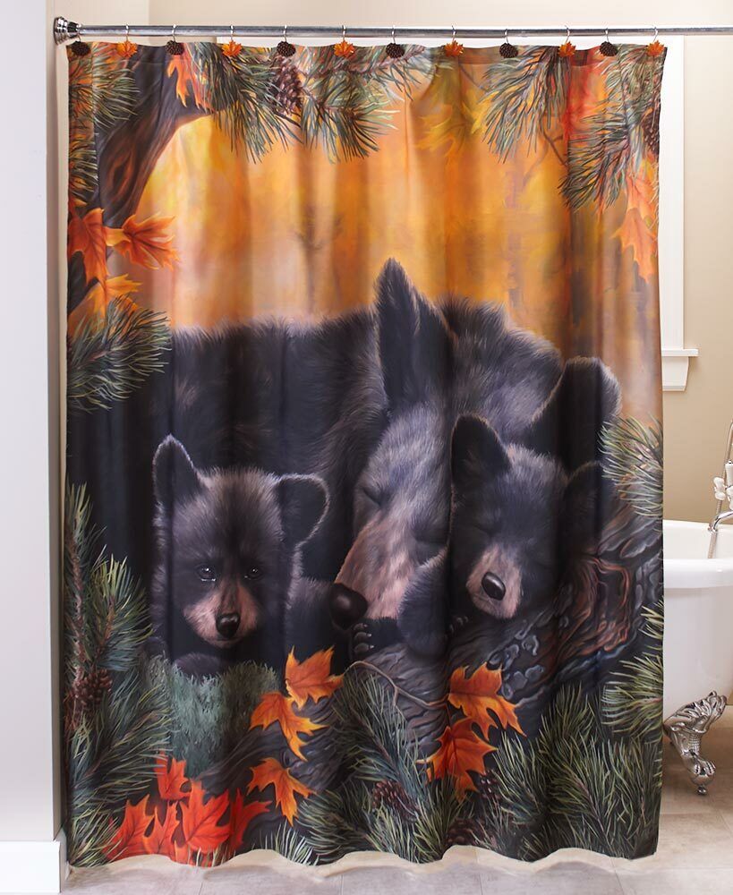 Pine Cone Woodland Northwoods Cabin Shower Curtain With Black Bears In Black And White
