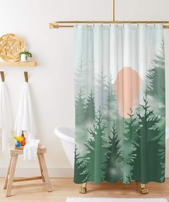 Pine Forest under the Moon Shower Curtain: Rustic and Serene Bathroom Dcor with Nordic Theme and a Celestial Touch