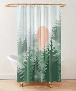 Pine Forest under the Moon Shower Curtain: Rustic and Serene Bathroom Dcor with Nordic Theme and a Celestial Touch