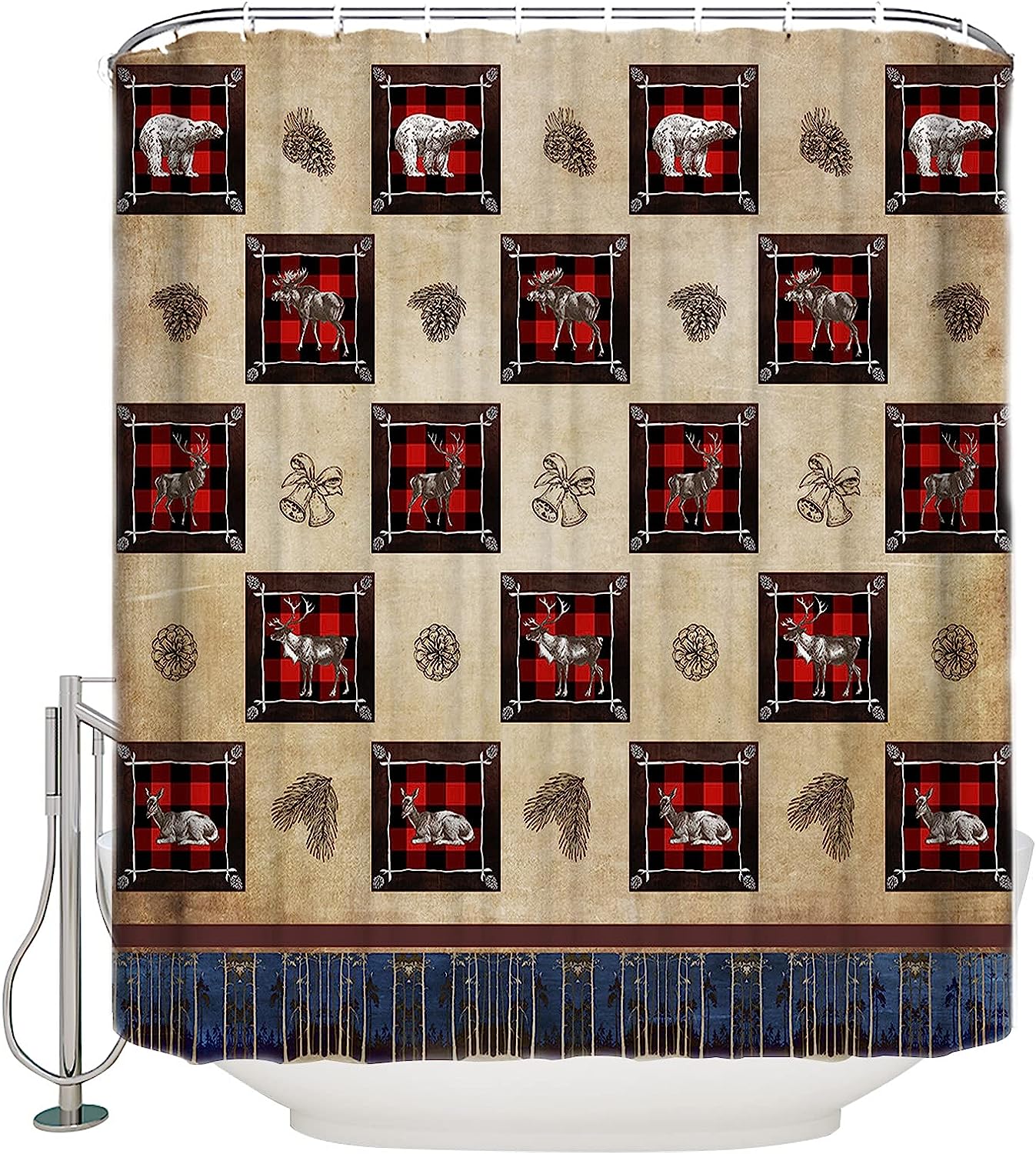Pine Needles Forest Animals Shower Curtain for Rustic Bathroom Decor