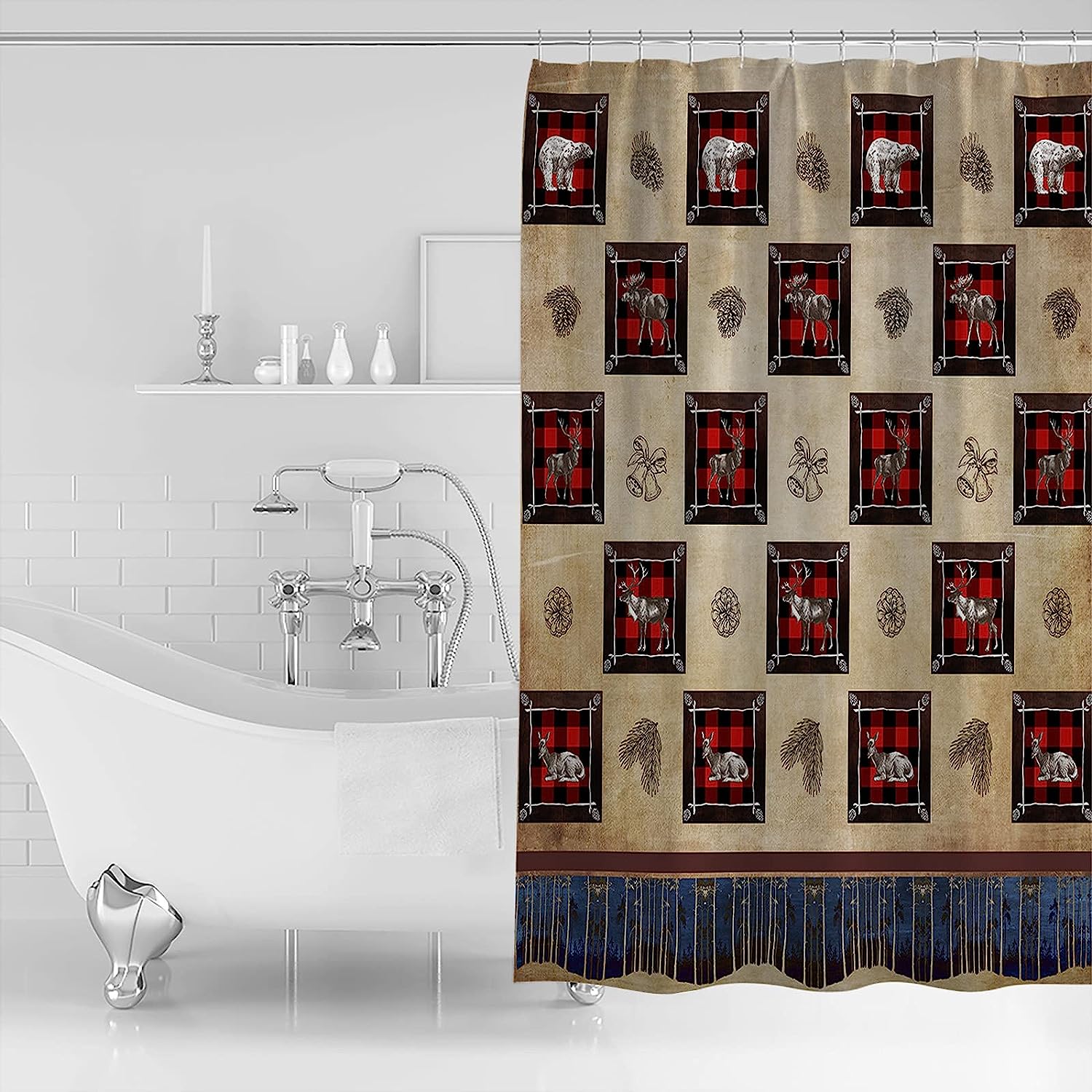 Pine Needles Forest Animals Shower Curtain for Rustic Bathroom Decor