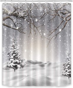 Pine Tree Covered Snow Shower Curtain - LB Winter Snowflake Scene Bathroom Accessories