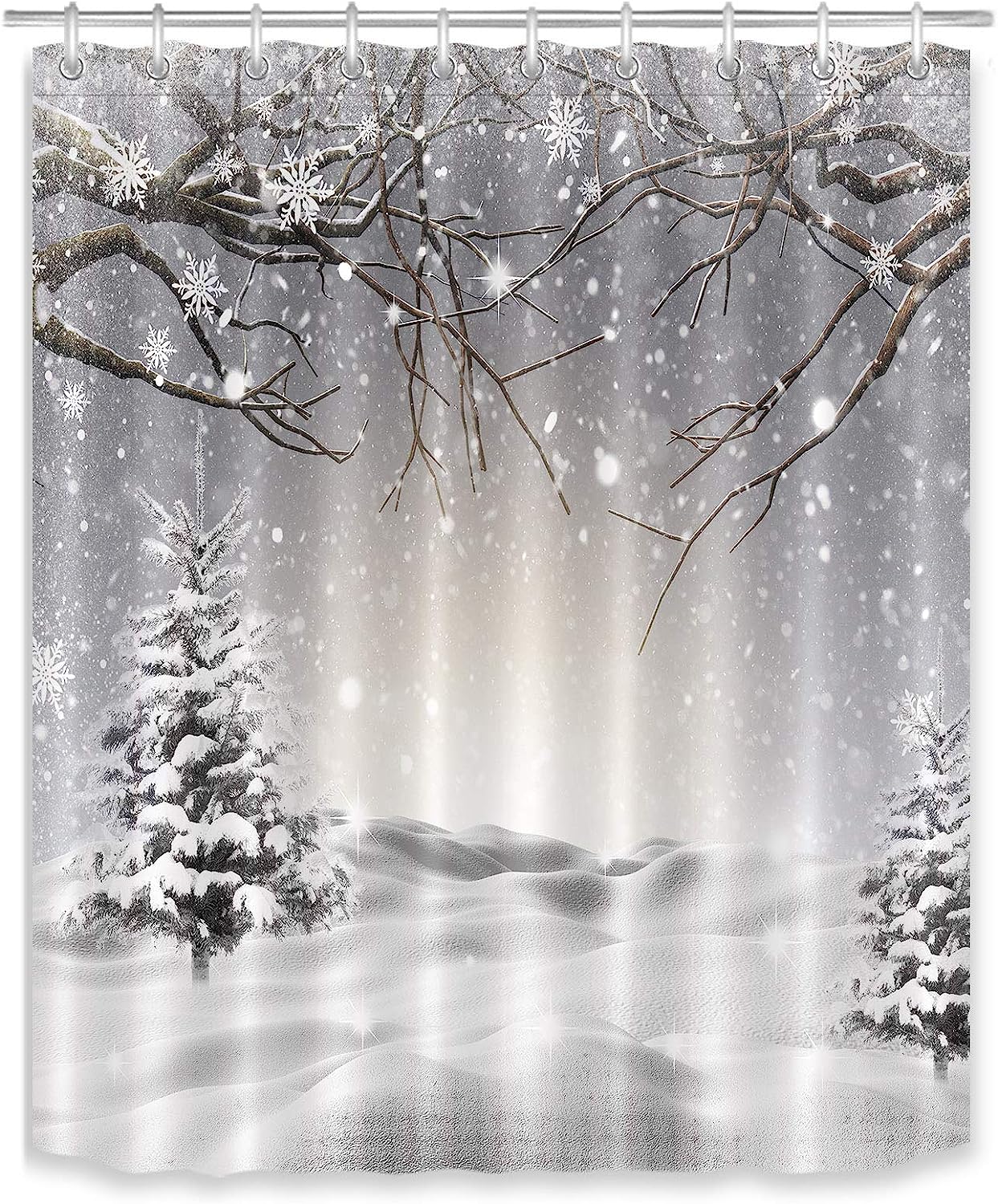 Pine Tree Covered Snow Shower Curtain - LB Winter Snowflake Scene Bathroom Accessories