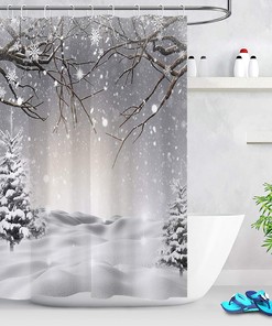 Pine Tree Covered Snow Shower Curtain - LB Winter Snowflake Scene Bathroom Accessories
