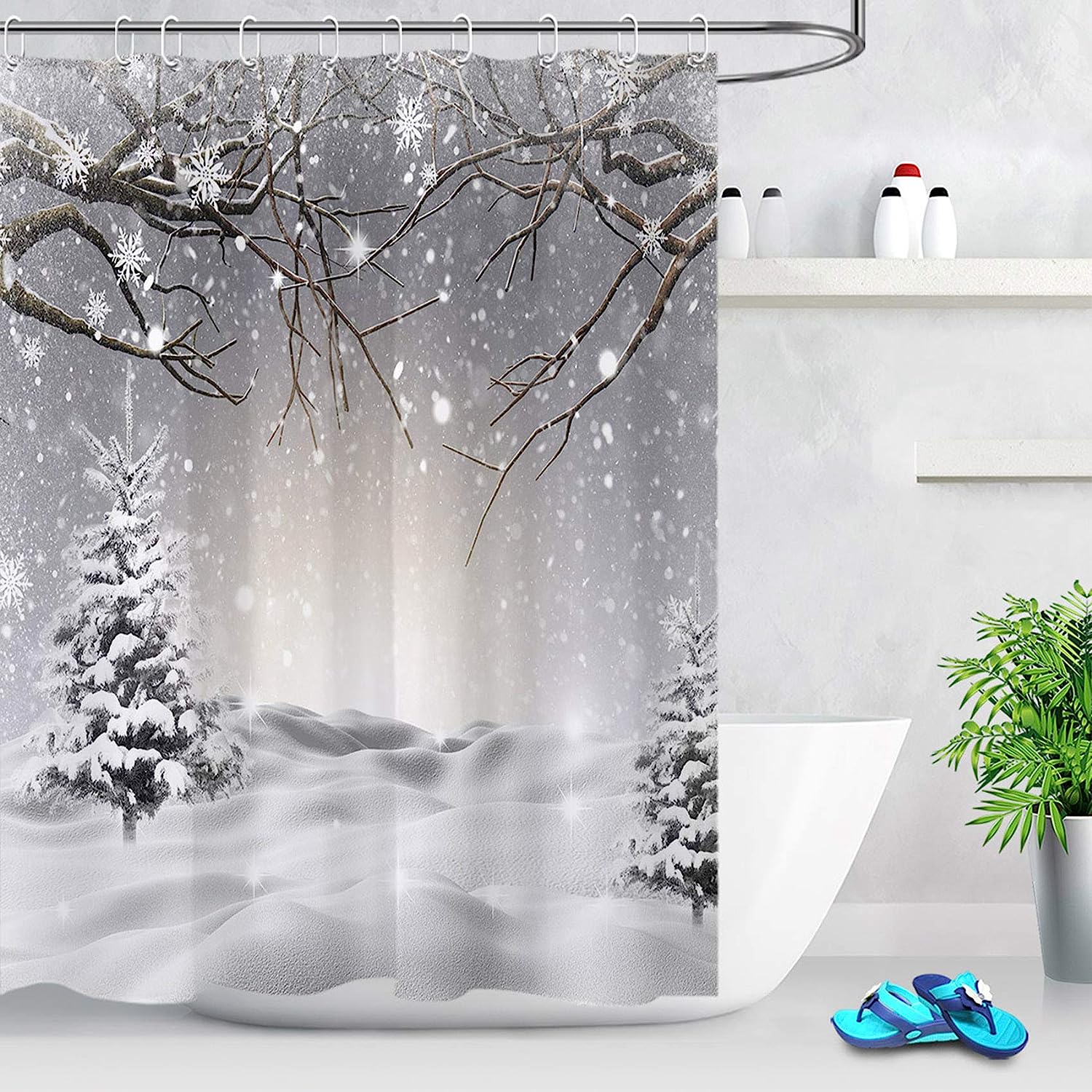 Pine Tree Covered Snow Shower Curtain - LB Winter Snowflake Scene Bathroom Accessories