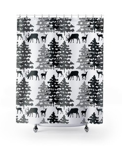Pine Tree Forest Animals Print Shower CurtainRustic Cabin Bathroom Decor