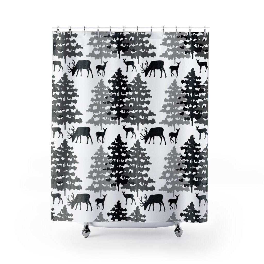Pine Tree Forest Animals Print Shower CurtainRustic Cabin Bathroom Decor