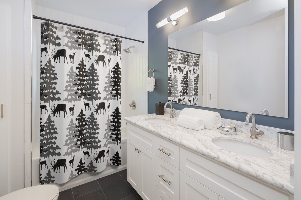 Pine Tree Forest Animals Print Shower CurtainRustic Cabin Bathroom Decor