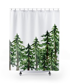 Pine Tree Forest Shower Curtain, Sage Green Botanical Bathroom Decor for Nature Enthusiasts 