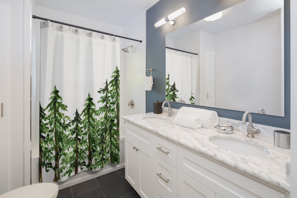 Pine Tree Forest Shower Curtain, Sage Green Botanical Bathroom Decor for Nature Enthusiasts