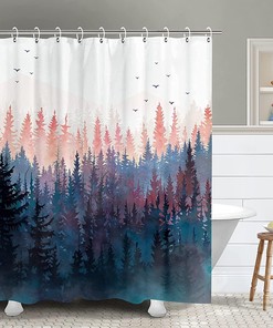 Pine Tree Forest Shower Curtain with Foggy Art Design, Mountain Bathroom Decor 