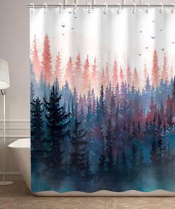 Pine Tree Forest Shower Curtain with Foggy Art Design, Mountain Bathroom Decor