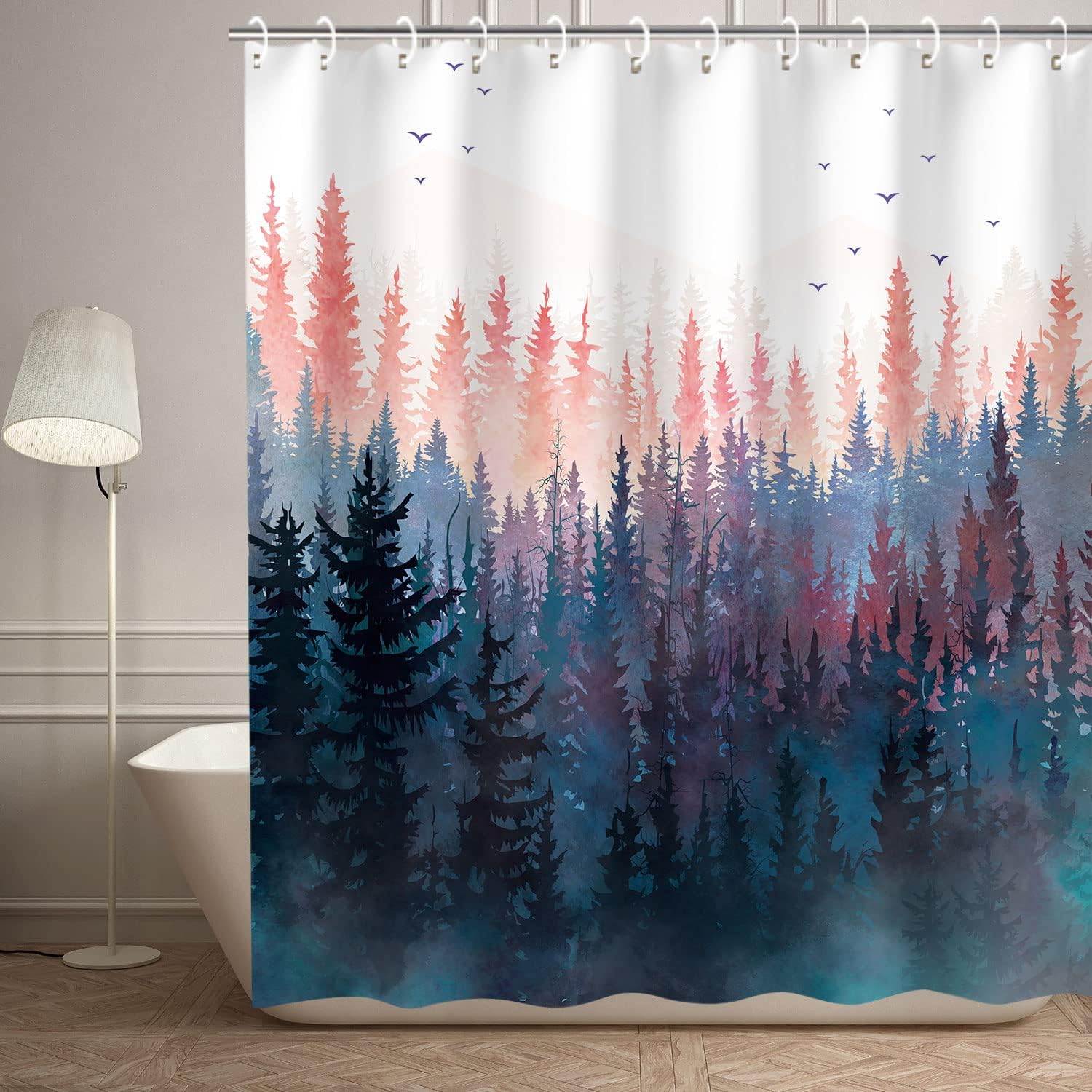 Pine Tree Forest Shower Curtain with Foggy Art Design, Mountain Bathroom Decor