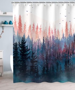 Pine Tree Forest Shower Curtain with Foggy Art Design, Mountain Bathroom Decor