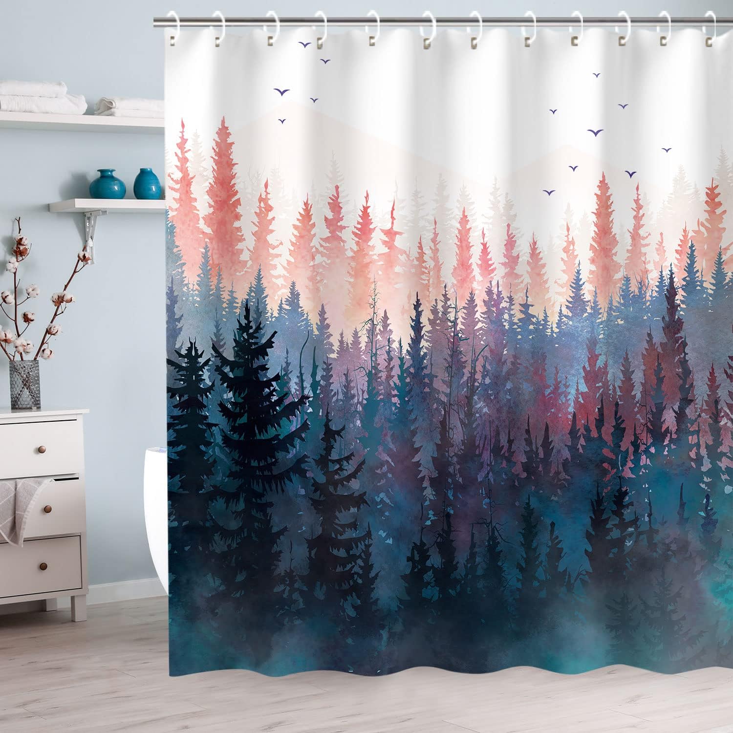 Pine Tree Forest Shower Curtain with Foggy Art Design, Mountain Bathroom Decor