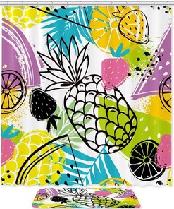 Pineapple And Strawberry Print Colorful Shower Curtain Mat For Cheerful Bathroom Decor