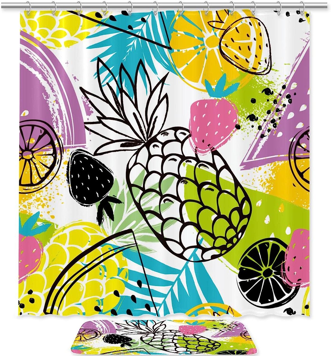 Pineapple And Strawberry Print Colorful Shower Curtain Mat For Cheerful Bathroom Decor