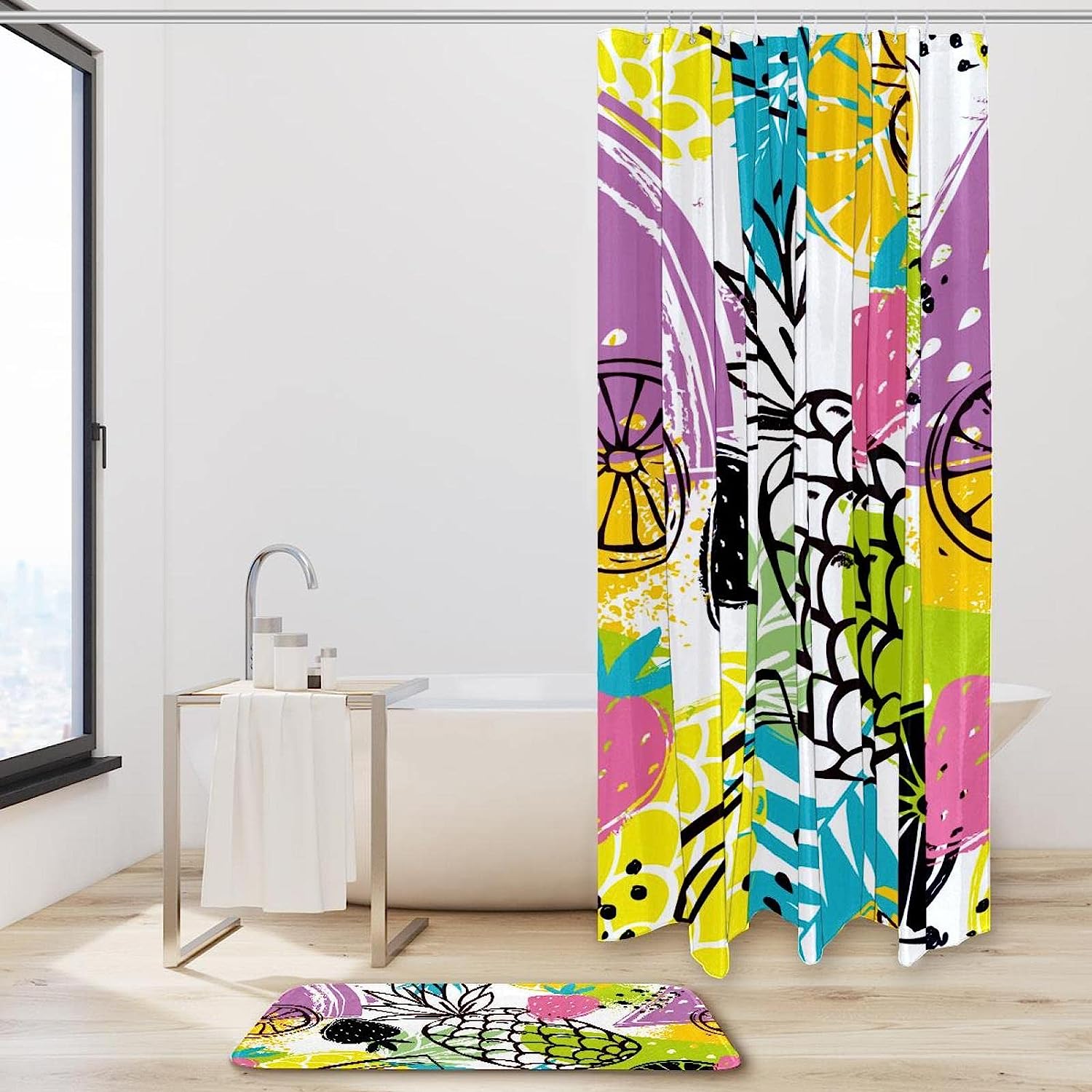Pineapple And Strawberry Print Colorful Shower Curtain Mat For Cheerful Bathroom Decor - Image 2