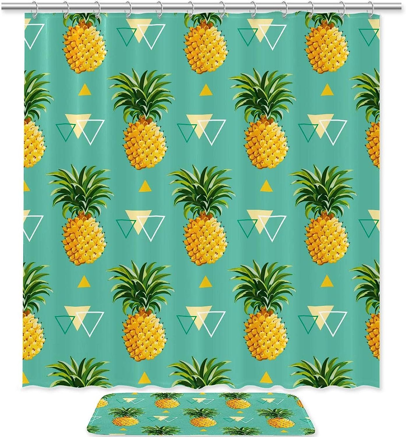 Pineapple And Triangle Printed Bathroom Tub Set With Waterproof Fabric Shower Curtain