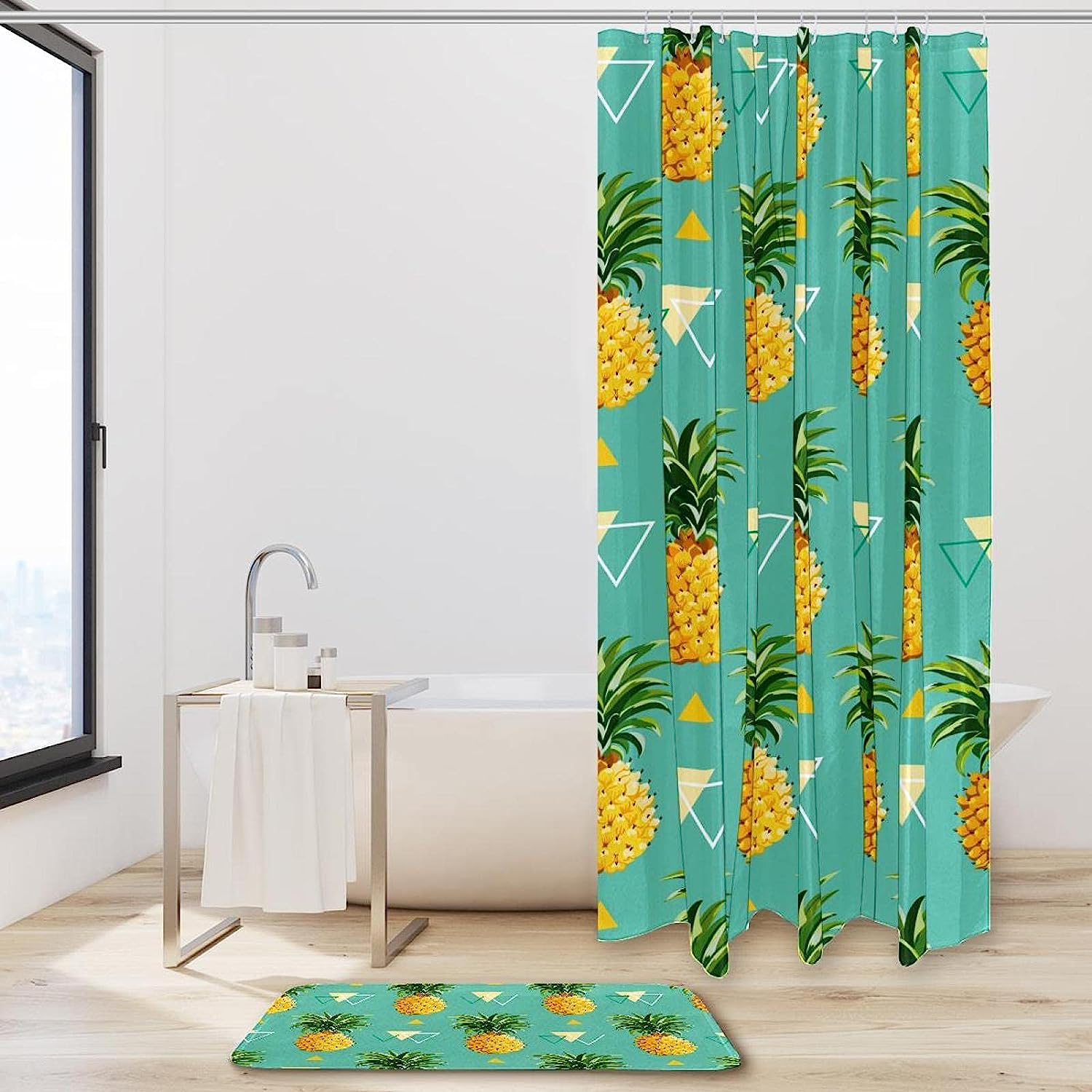 Pineapple And Triangle Printed Bathroom Tub Set With Waterproof Fabric Shower Curtain - Image 2