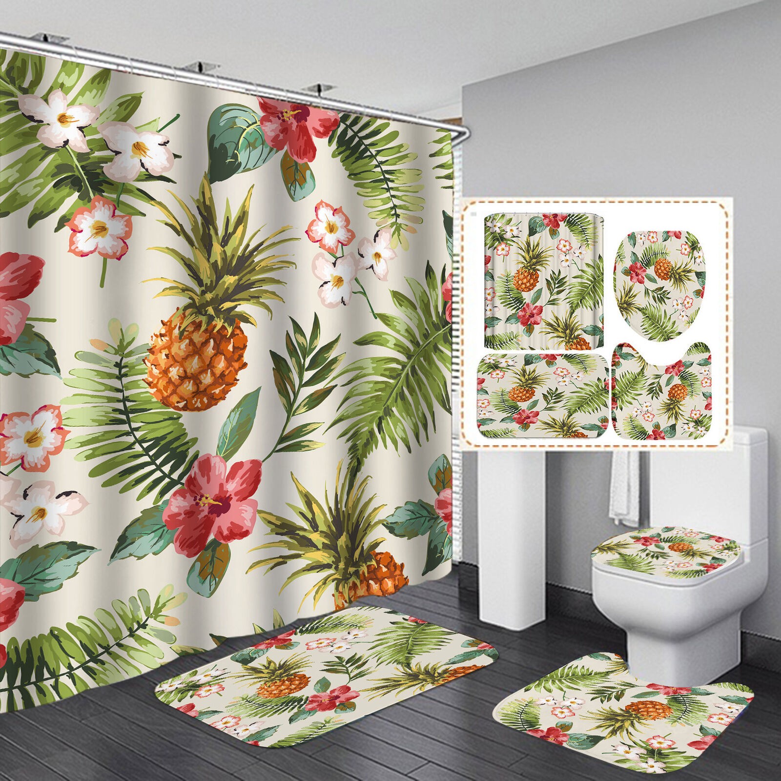 Pineapple, Flowers And Plants Print Shower Curtain For Bathroom
