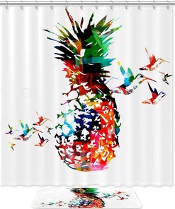 Pineapple Hummingbirds Print Shower Curtain, Set of 2, Waterproof Fabric for Bathroom Decor