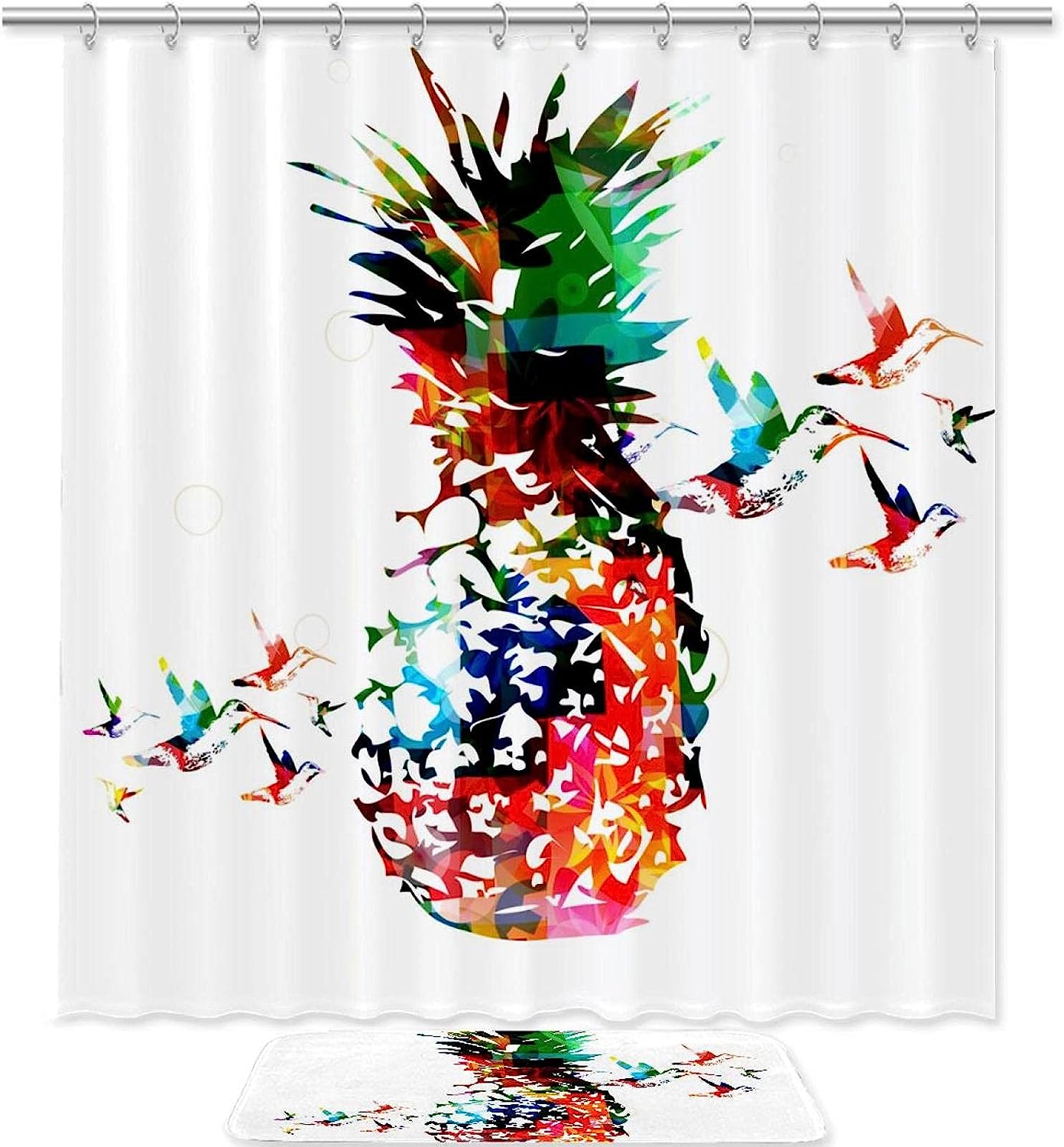 Pineapple Hummingbirds Print Shower Curtain, Set of 2, Waterproof Fabric for Bathroom Decor