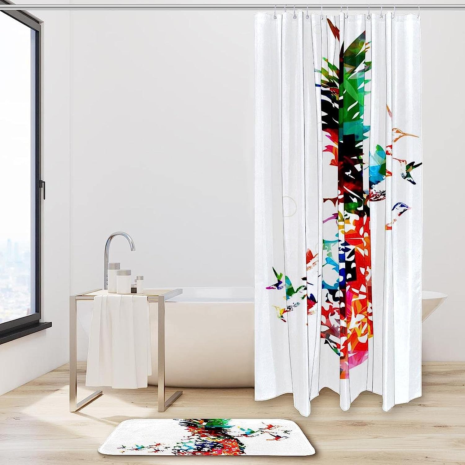 Pineapple Hummingbirds Print Shower Curtain, Set of 2, Waterproof Fabric for Bathroom Decor