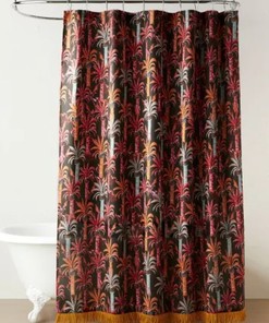 Pineapple Palm Boho Fringe Trim BLK Fabric Shower Curtain by OPALHOUSE