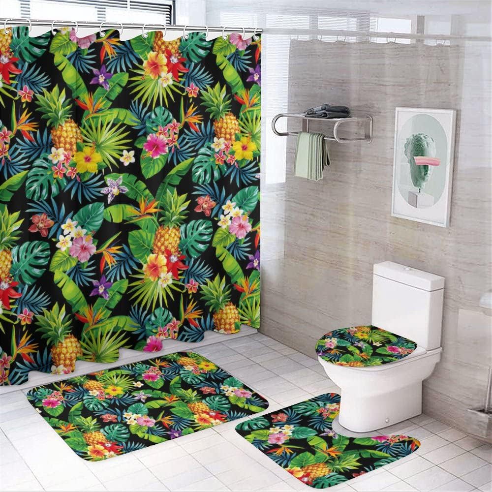 Pineapple Palm Leave Floral Tropical Shower Curtain, Waterproof Bathroom Decor by Vantaso