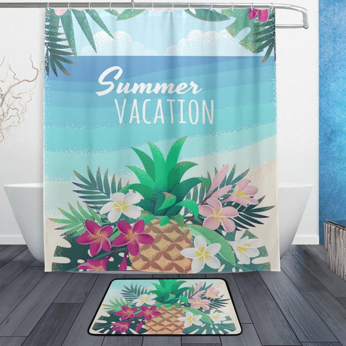 Pineapple Palm Leaves Flower Restroom Shower Curtains, Waterproof Fabric