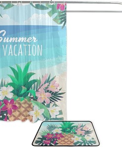 Pineapple Palm Leaves Flower Restroom Shower Curtains, Waterproof Fabric