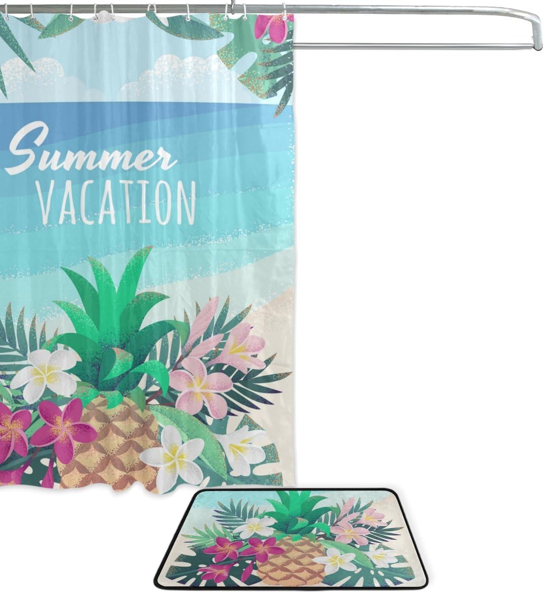 Pineapple Palm Leaves Flower Restroom Shower Curtains, Waterproof Fabric