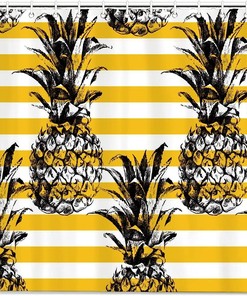 Pineapple Stripes on Yellow and White Shower Curtain for Bathroom Decor