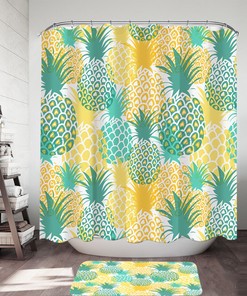 Pineapple Theme Green And Yellow Shower Curtain For Tropical Bathroom Decor 