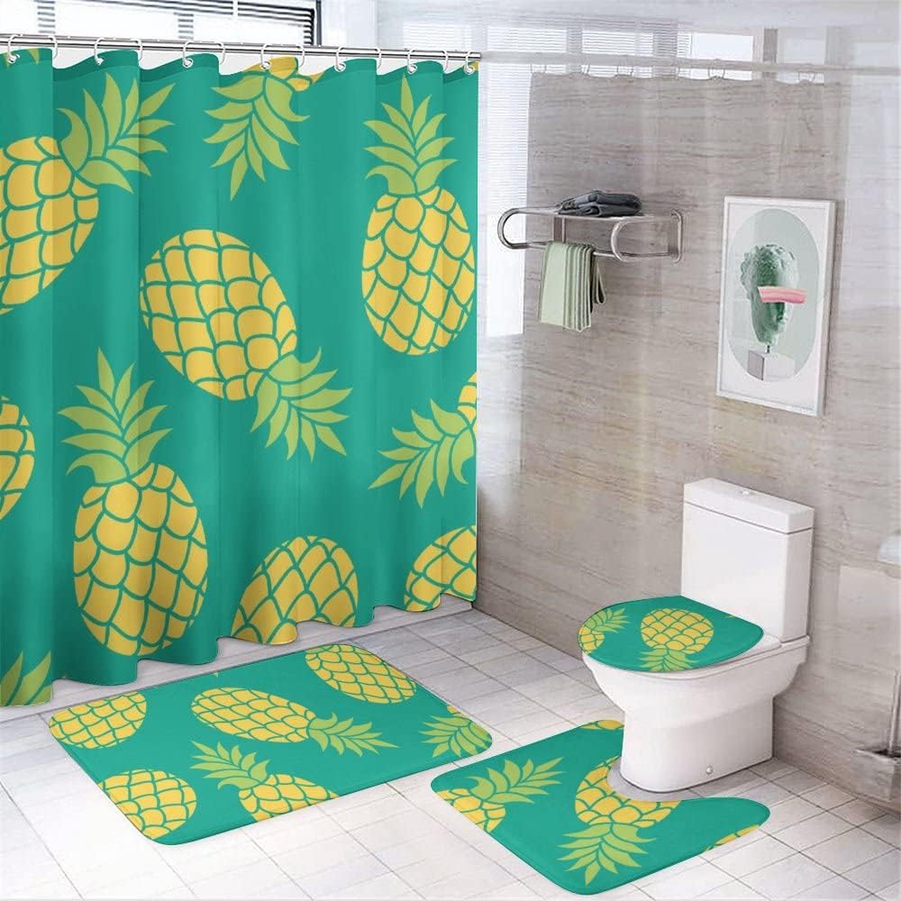 Pineapple Yellow Green Tropical Fruit Shower Curtain, Waterproof Bathroom Decor by Vantaso