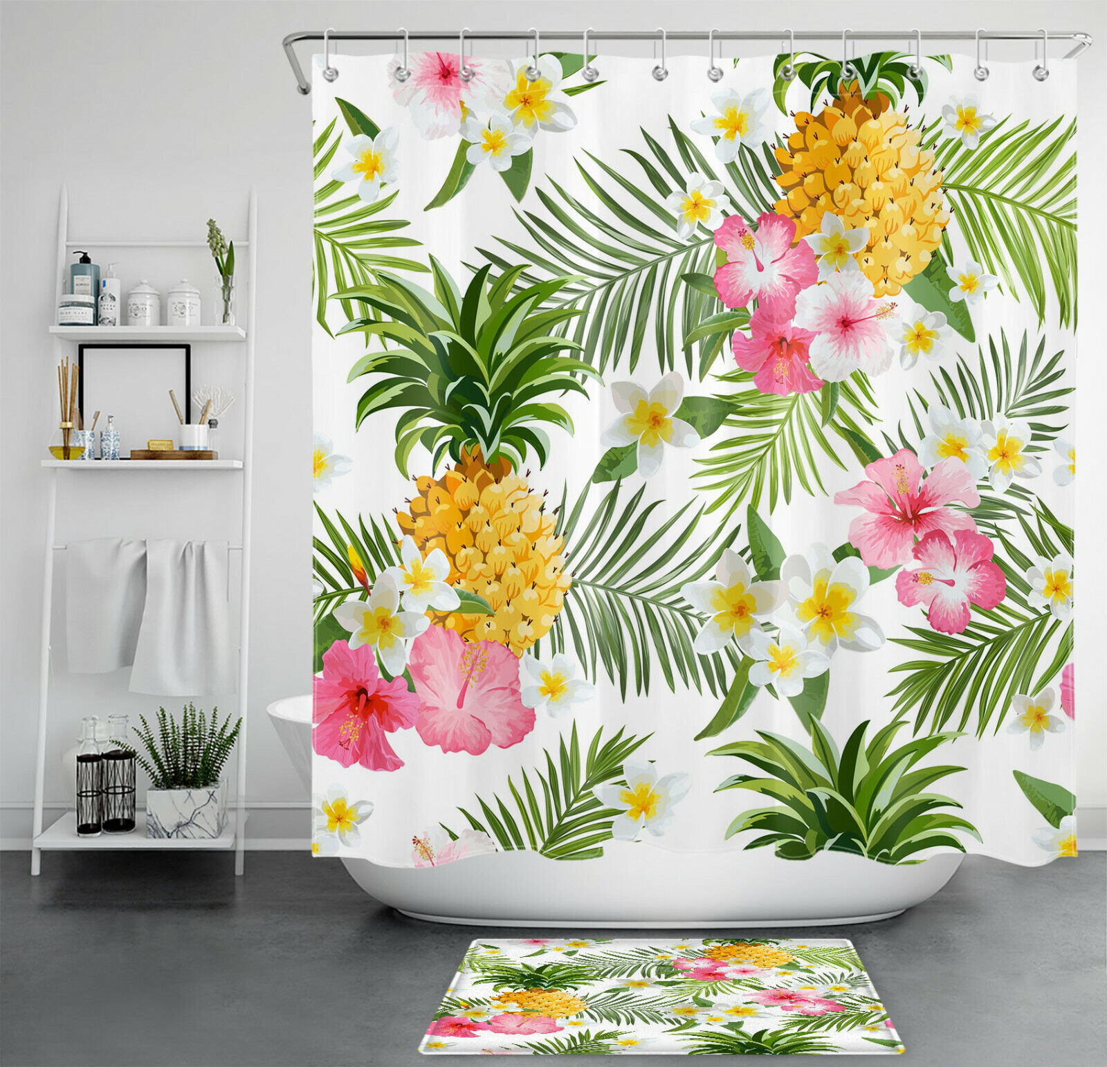 Pineapple and Palm Leaf Print Tropical Shower Curtain for a Sweet and Refreshing Bathroom