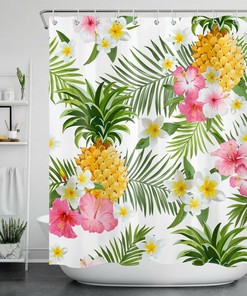 Pineapple and Palm Leaf Print Tropical Shower Curtain for a Sweet and Refreshing Bathroom