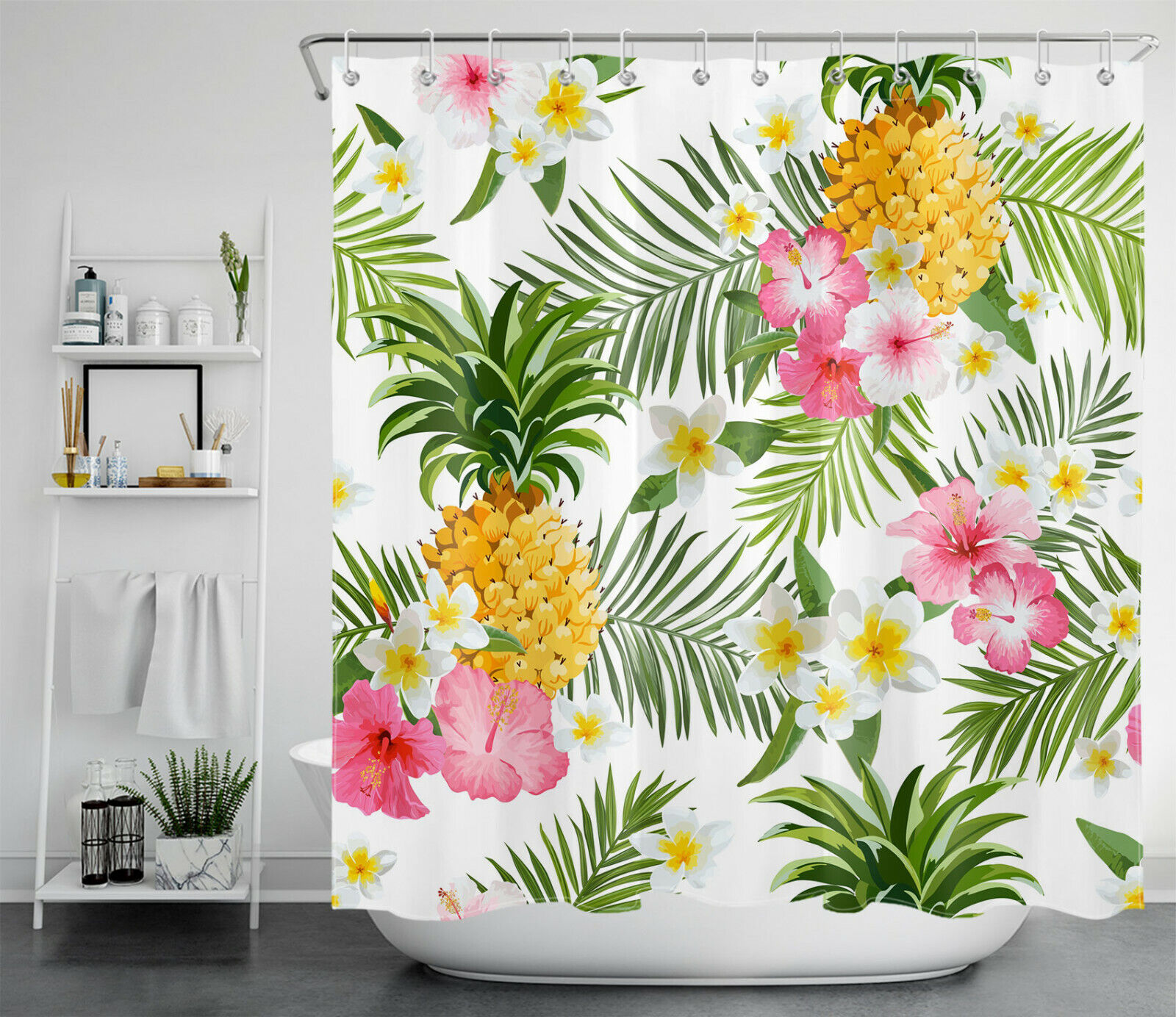 Pineapple and Palm Leaf Print Tropical Shower Curtain for a Sweet and Refreshing Bathroom