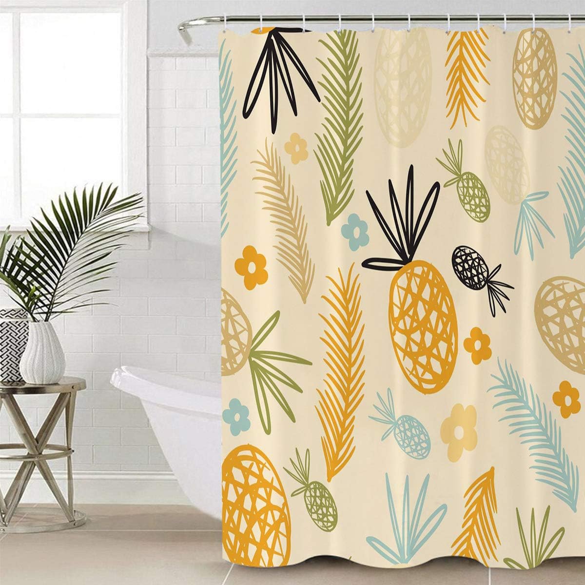 Pineapple and Palm Leaves Illustration Decorative Shower Curtain for Bathroom